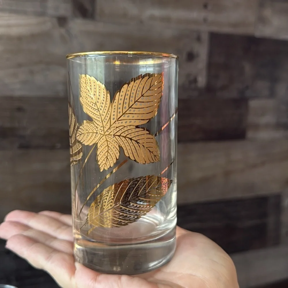 Libbey Glass set of 4 gold leaf tumblers mid century modern golden foliage gilt
